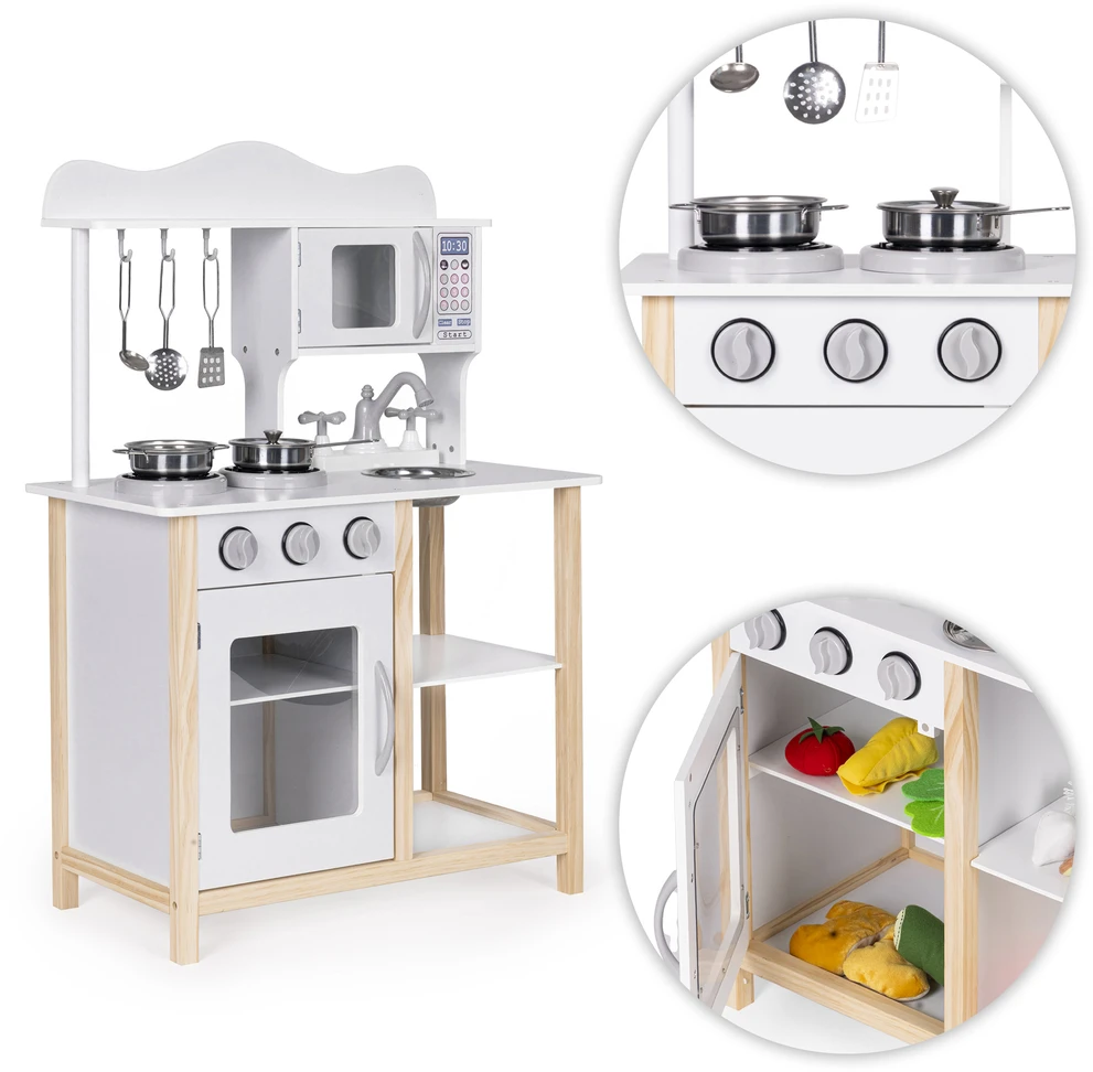 Medinė vaikiška virtuvėlė su orkaite ir maisto gaminimo priedais, balta, ECOTOYS
