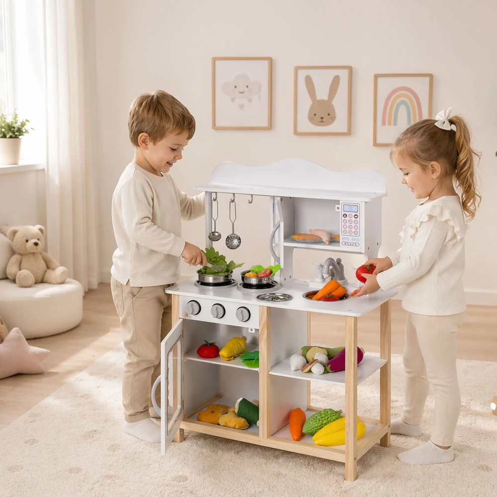 Medinė vaikiška virtuvėlė su orkaite ir maisto gaminimo priedais, balta, ECOTOYS