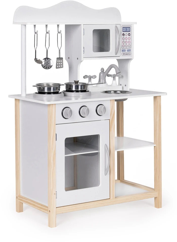 Medinė vaikiška virtuvėlė su orkaite ir maisto gaminimo priedais, balta, ECOTOYS