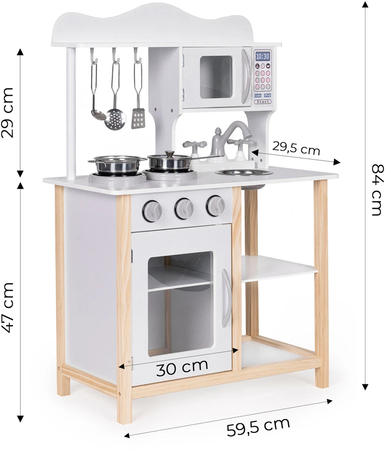 Medinė vaikiška virtuvėlė su orkaite ir maisto gaminimo priedais, balta, ECOTOYS