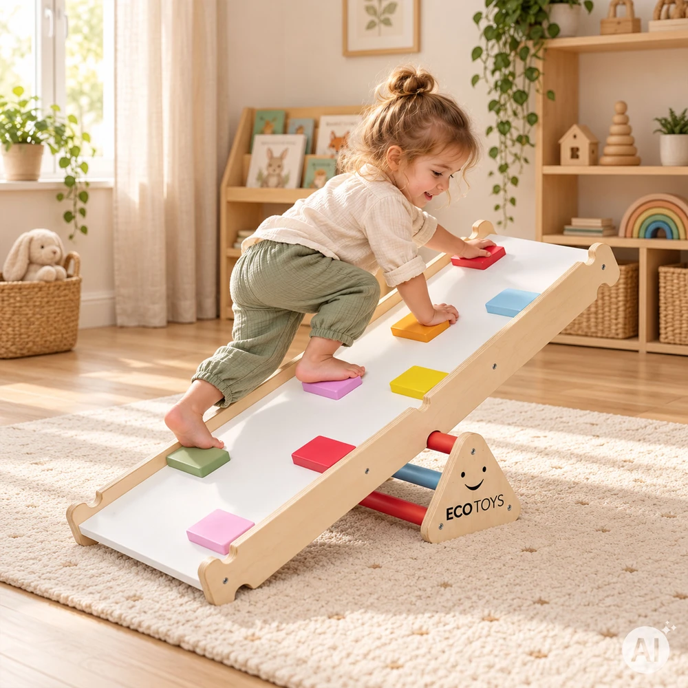 Medinė žaidimų aikštelė vaikams, Montessori laipiojimo rinkinys su kopėčiomis ir balansavimo sija LUNA ECOTOYS