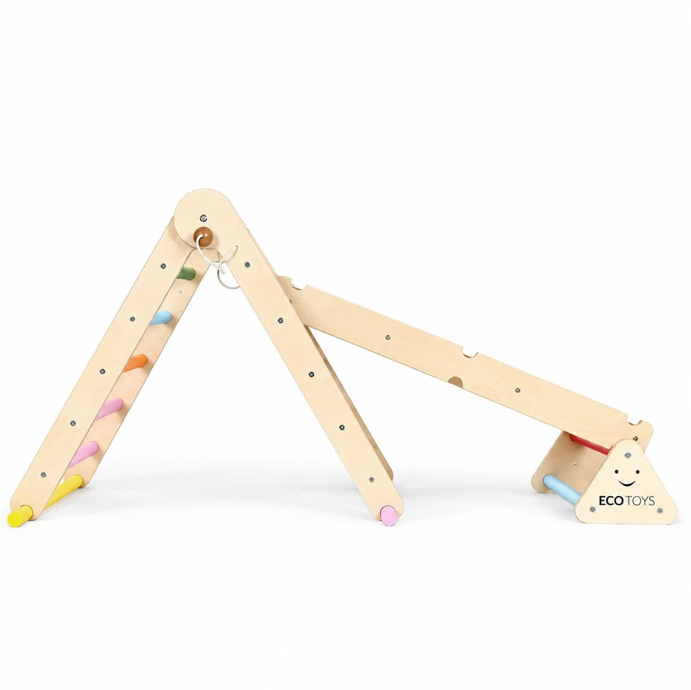 Medinė žaidimų aikštelė vaikams, Montessori laipiojimo rinkinys su kopėčiomis ir balansavimo sija LUNA ECOTOYS