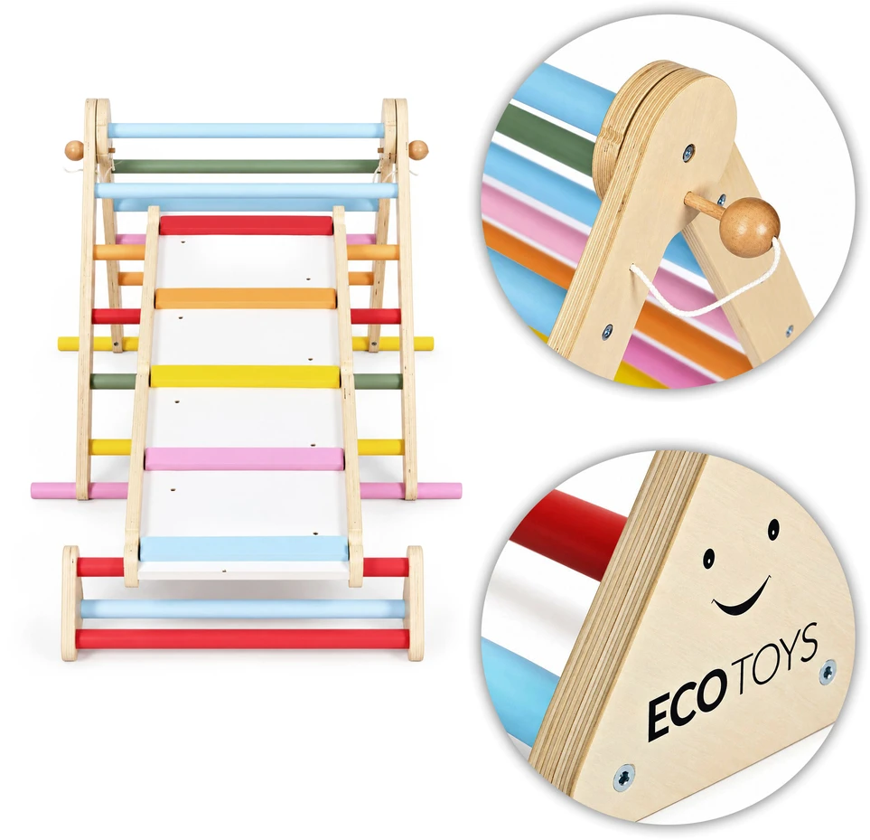 Medinė žaidimų aikštelė vaikams, Montessori laipiojimo rinkinys su kopėčiomis ir balansavimo sija LUNA ECOTOYS