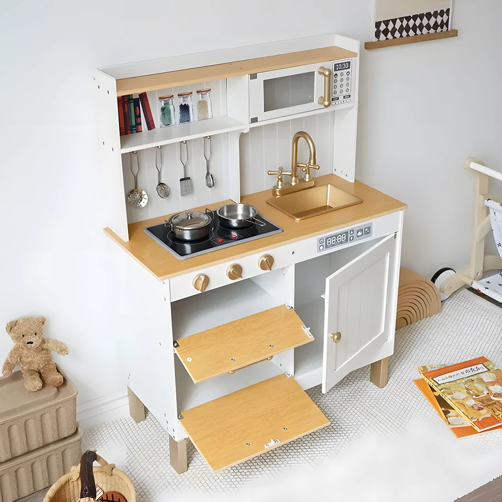 Vaikiška virtuvėlė su garsais ir LED, medinės atidaromos spintelės, 7 priedai ECOTOYS