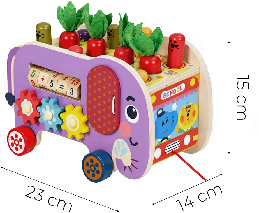 Medinis 8-in-1 drambliuko formos lavinamasis kubas su vaikštyne, formų rūšiuokliu, ksilofonu ir kirmėlių žvejyba ECOTOYS