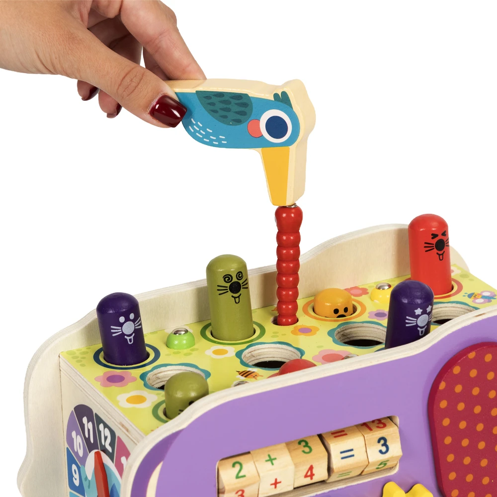 Medinis 8-in-1 drambliuko formos lavinamasis kubas su vaikštyne, formų rūšiuokliu, ksilofonu ir kirmėlių žvejyba ECOTOYS