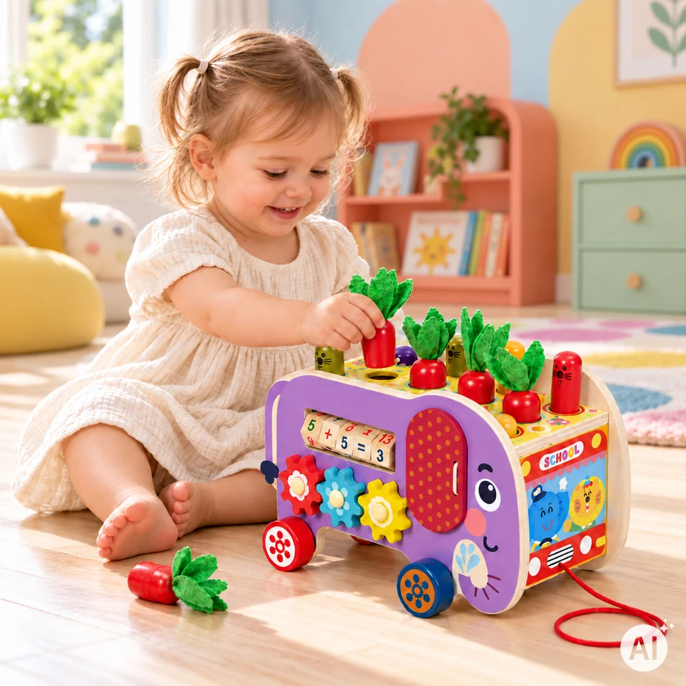Medinis 8-in-1 drambliuko formos lavinamasis kubas su vaikštyne, formų rūšiuokliu, ksilofonu ir kirmėlių žvejyba ECOTOYS