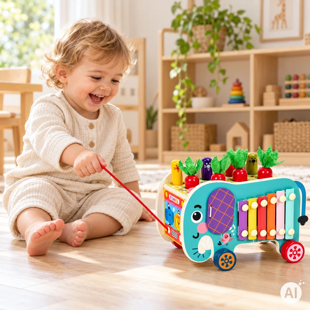 Medinis 8-in-1 drambliuko formos lavinamasis kubas su vaikštyne, formų rūšiuokliu, ksilofonu ir kirmėlių žvejyba ECOTOYS