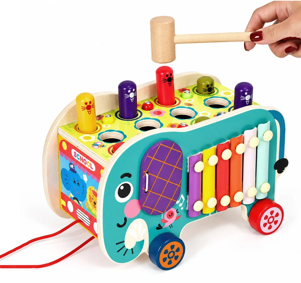 Medinis 8-in-1 drambliuko formos lavinamasis kubas su vaikštyne, formų rūšiuokliu, ksilofonu ir kirmėlių žvejyba ECOTOYS