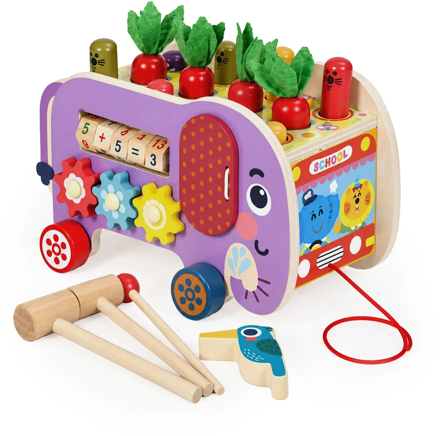 Medinis 8-in-1 drambliuko formos lavinamasis kubas su vaikštyne, formų rūšiuokliu, ksilofonu ir kirmėlių žvejyba ECOTOYS