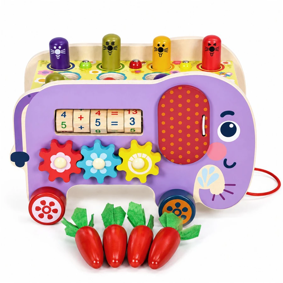 Medinis 8-in-1 drambliuko formos lavinamasis kubas su vaikštyne, formų rūšiuokliu, ksilofonu ir kirmėlių žvejyba ECOTOYS