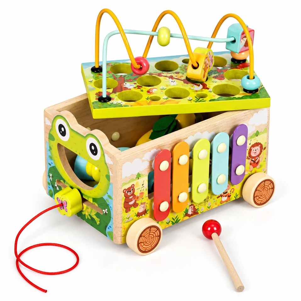 Medinis 8-in-1 varlės formos lavinamasis kubas su vaikštyne, formų rūšiuokliu, ksilofonu ir kirmėlių žvejyba ECOTOYS