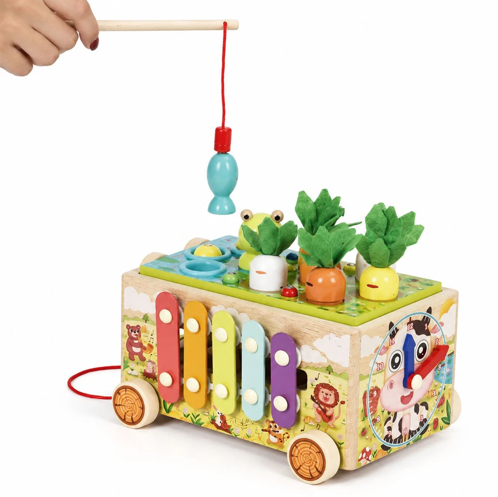 Medinis 8-in-1 varlės formos lavinamasis kubas su vaikštyne, formų rūšiuokliu, ksilofonu ir kirmėlių žvejyba ECOTOYS