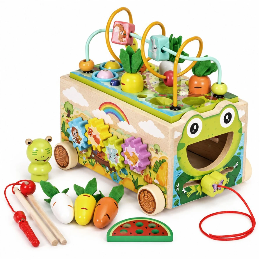 Medinis 8-in-1 varlės formos lavinamasis kubas su vaikštyne, formų rūšiuokliu, ksilofonu ir kirmėlių žvejyba ECOTOYS