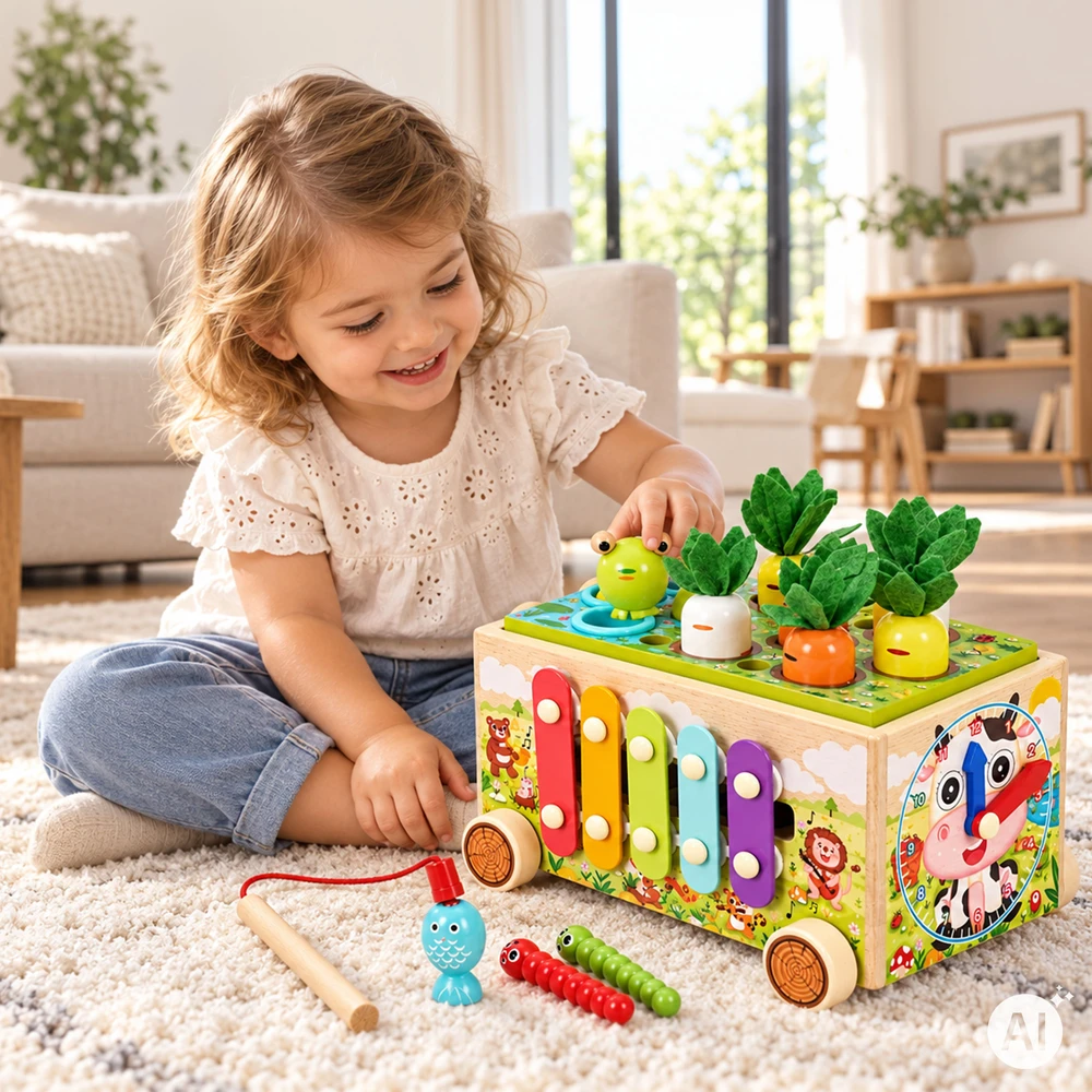 Medinis 8-in-1 varlės formos lavinamasis kubas su vaikštyne, formų rūšiuokliu, ksilofonu ir kirmėlių žvejyba ECOTOYS