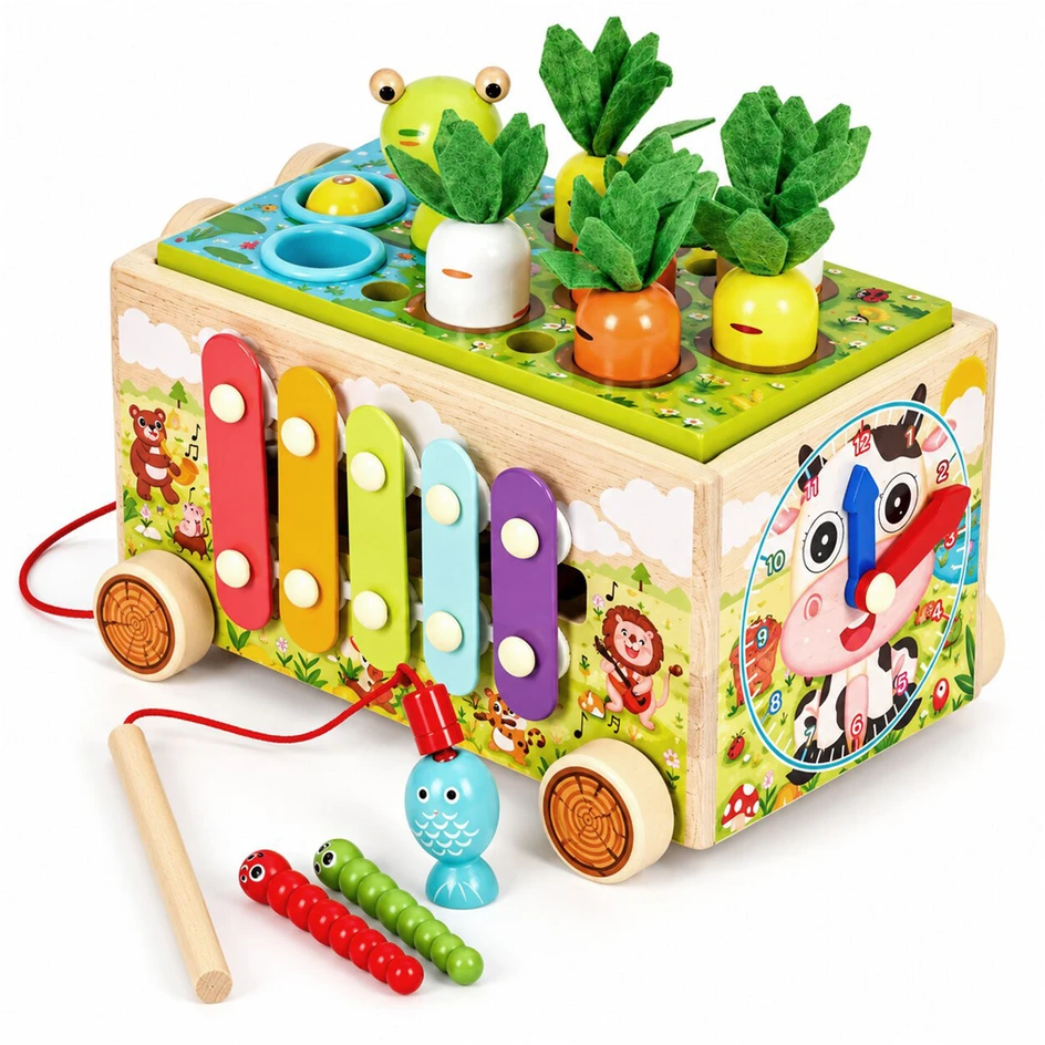 Medinis 8-in-1 varlės formos lavinamasis kubas su vaikštyne, formų rūšiuokliu, ksilofonu ir kirmėlių žvejyba ECOTOYS