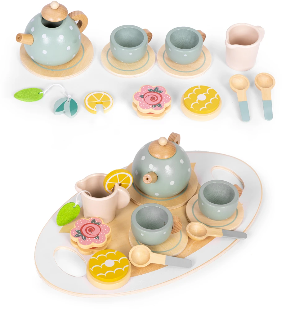 ECOTOYS medinis arbatinukas su puodeliais, 14 dalių rinkinys