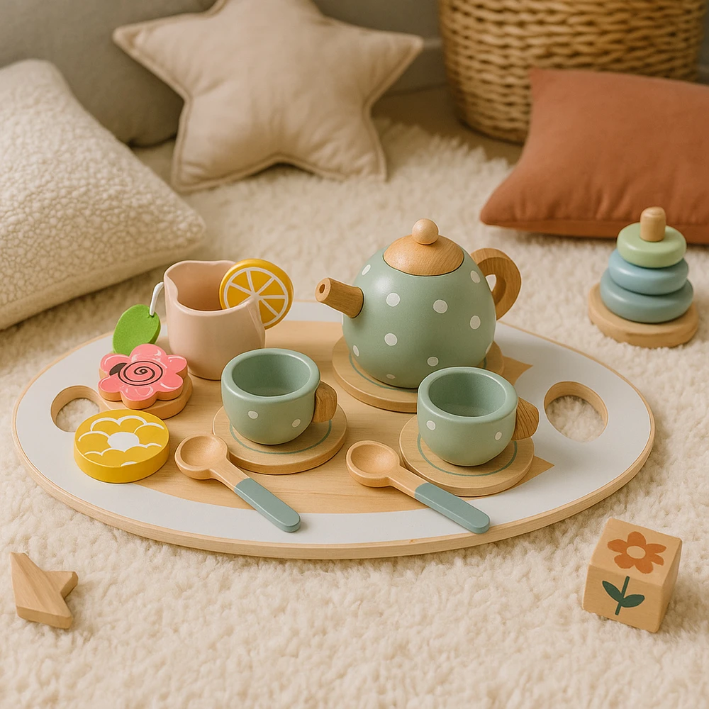 ECOTOYS medinis arbatinukas su puodeliais, 14 dalių rinkinys