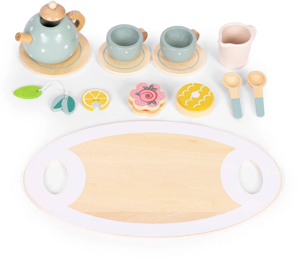 ECOTOYS medinis arbatinukas su puodeliais, 14 dalių rinkinys