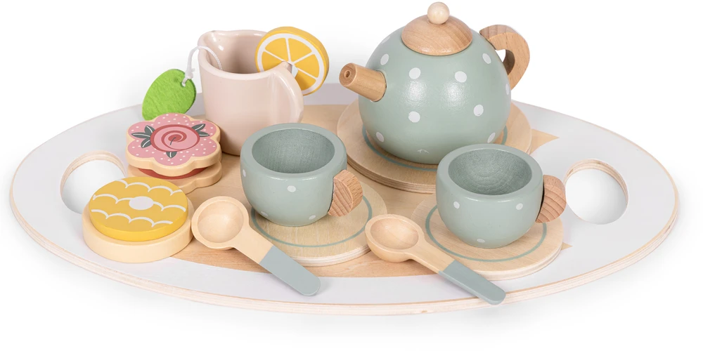 ECOTOYS medinis arbatinukas su puodeliais, 14 dalių rinkinys