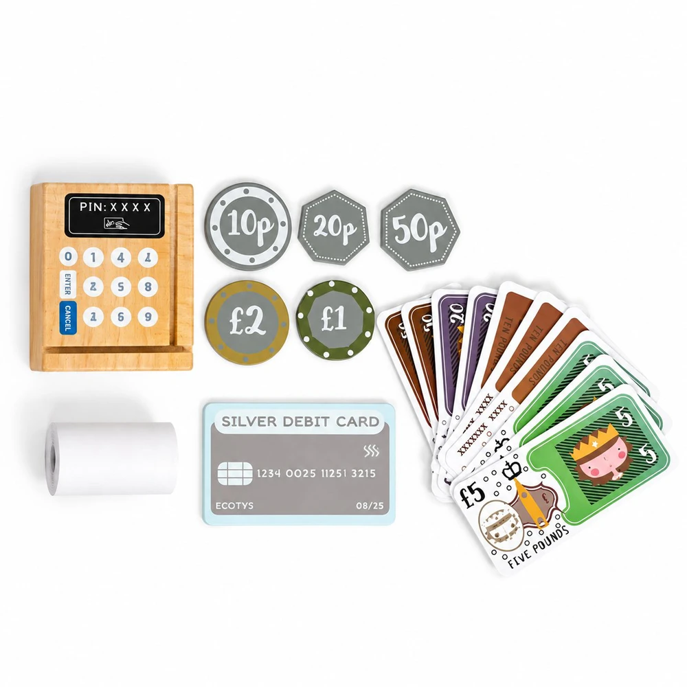 Medinis kasos aparatas vaikams su mokėjimo terminalu, skaitytuvu, banknotais, monetomis ir kortele ECOTOYS