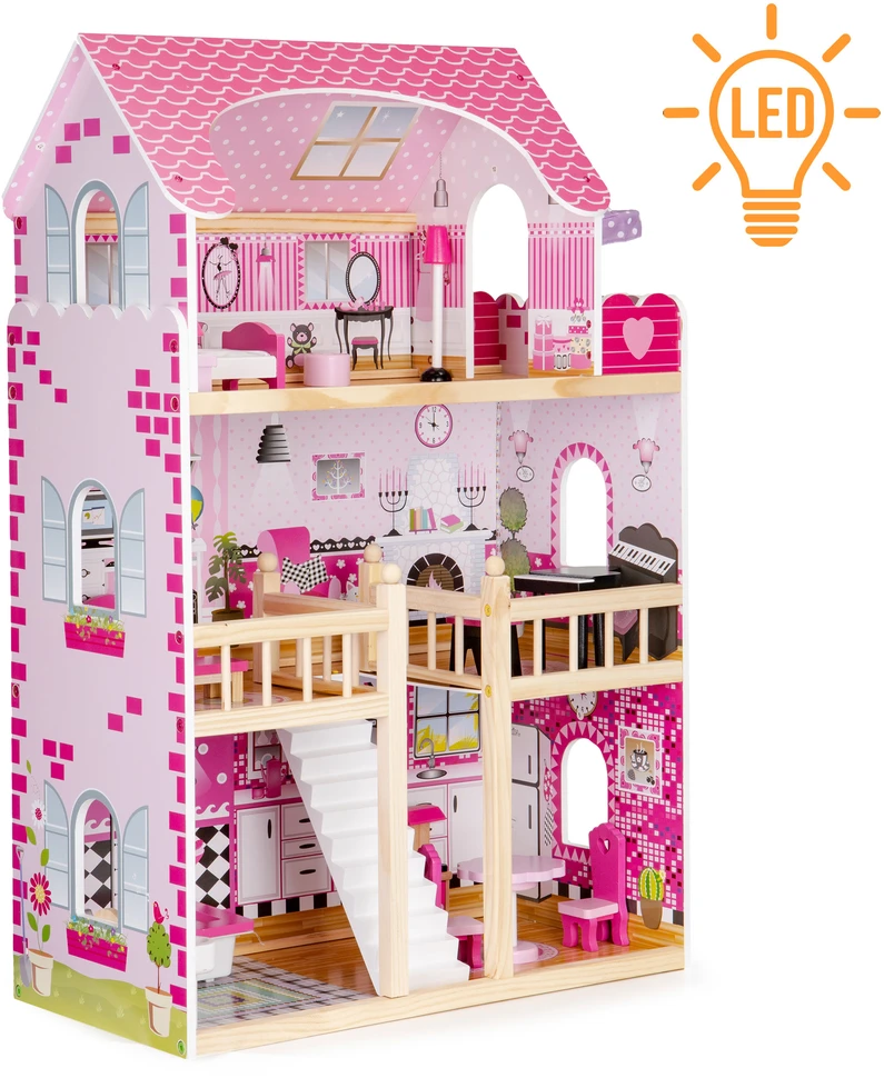 Medinis lėlių namelis su LED baldais ECOTOYS