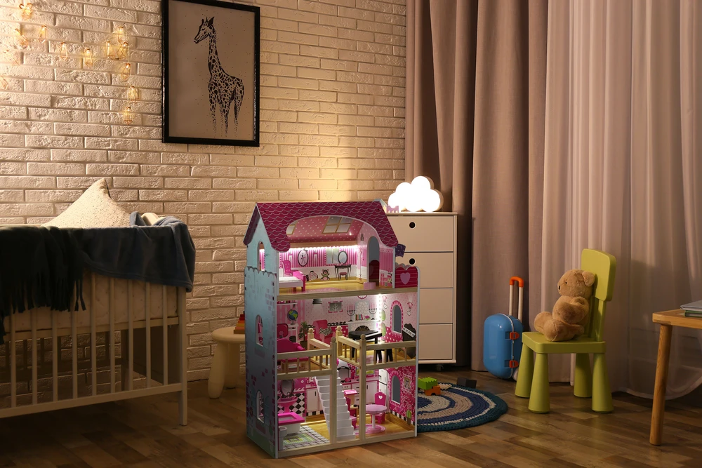 Medinis lėlių namelis su LED baldais ECOTOYS