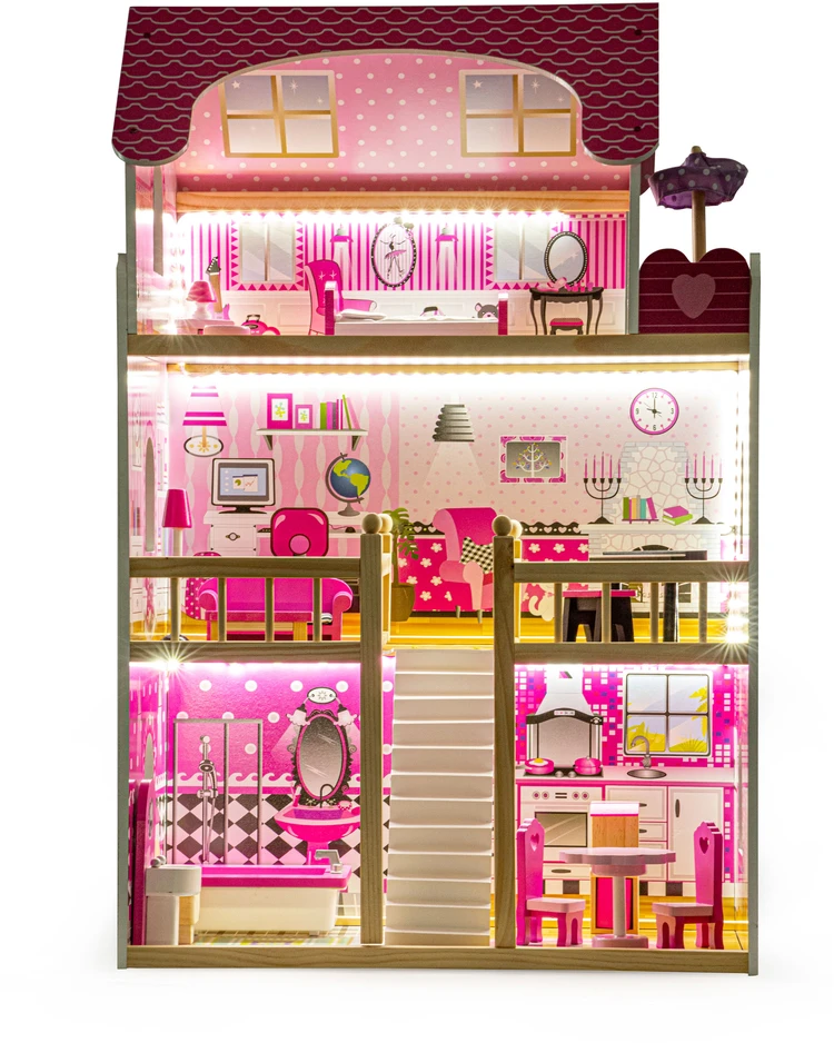 Medinis lėlių namelis su LED baldais ECOTOYS