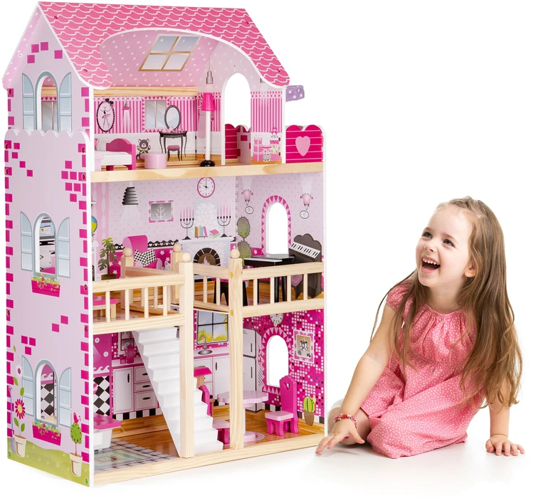Medinis lėlių namelis su LED baldais ECOTOYS