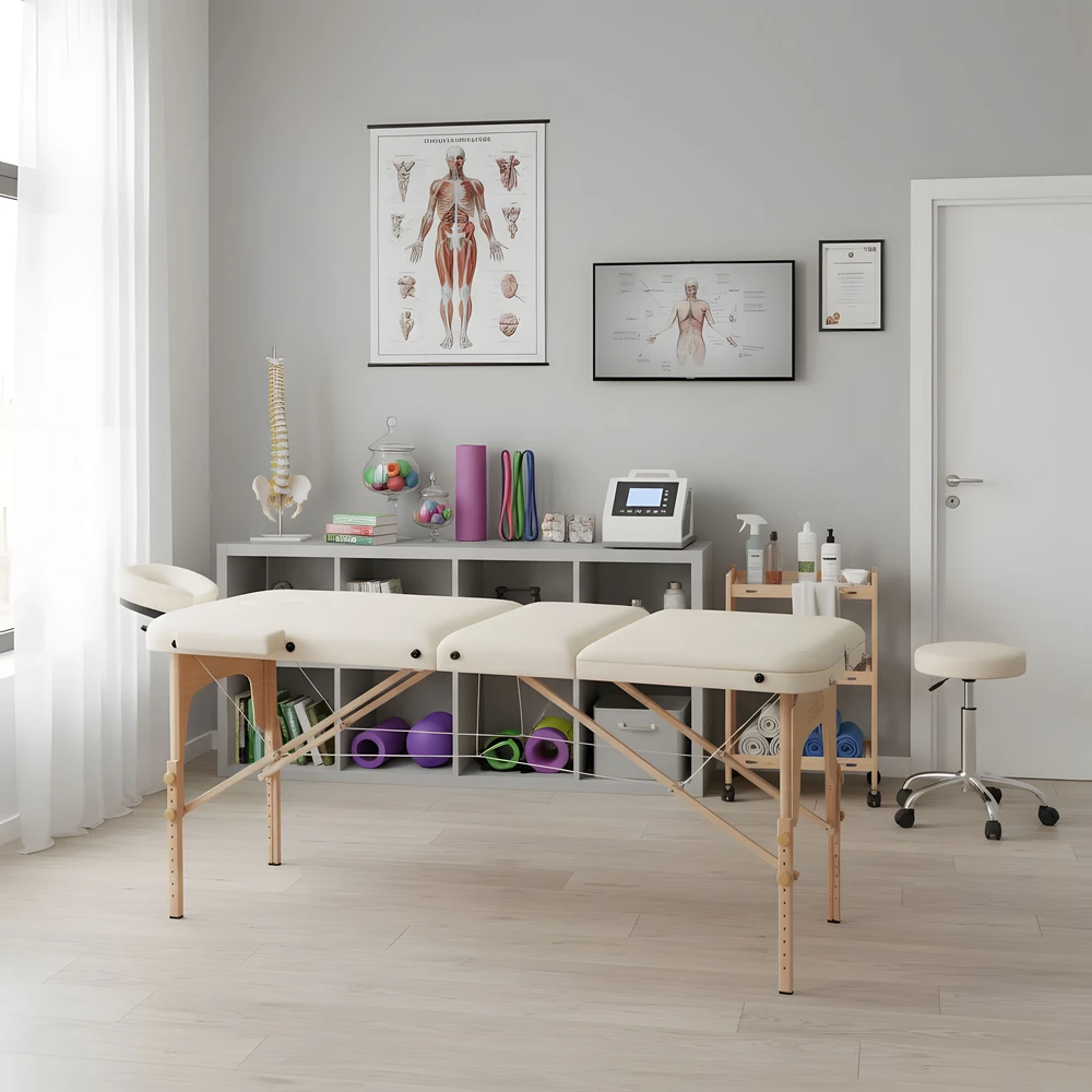 Medinis masažo ir reabilitacijos stalas, 3 segmentų, sulankstomas į lagaminą + krepšį ModernHome