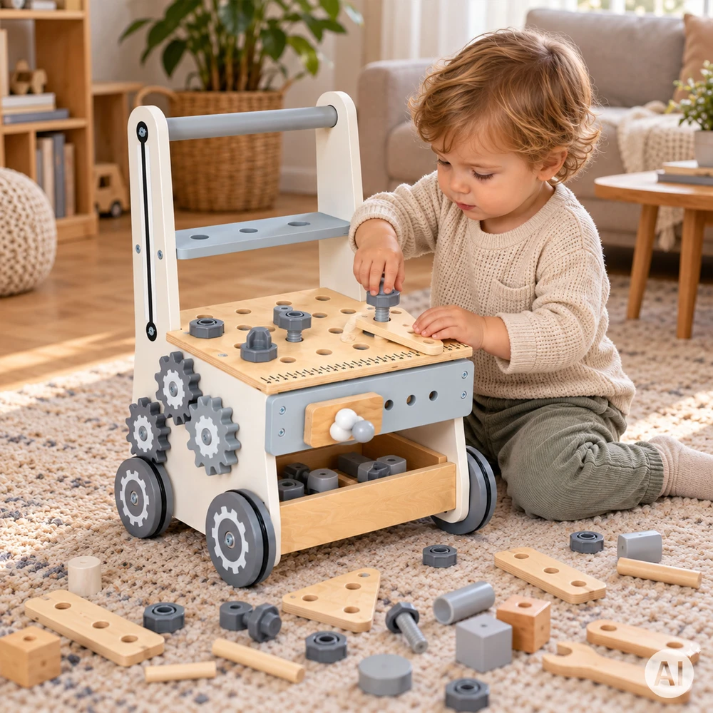 Medinis vaikiškas darbastalis su stumduku ir įrankiais, 34 dalys ECOTOYS