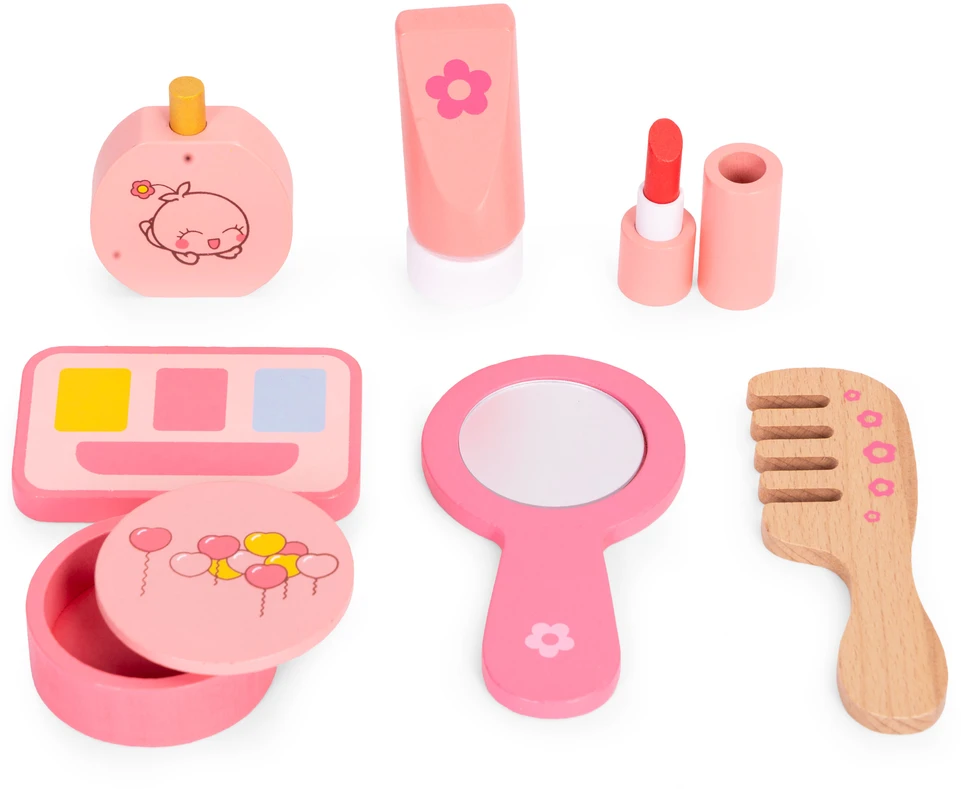 Medinis vaikiškas kosmetinis staliukas su veidrodžiu ir stalčiumi, 7 priedai, ECOTOYS