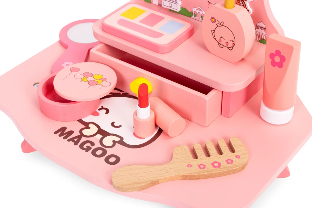 Medinis vaikiškas kosmetinis staliukas su veidrodžiu ir stalčiumi, 7 priedai, ECOTOYS