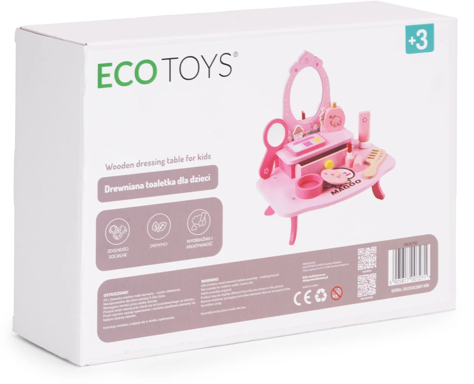Medinis vaikiškas kosmetinis staliukas su veidrodžiu ir stalčiumi, 7 priedai, ECOTOYS