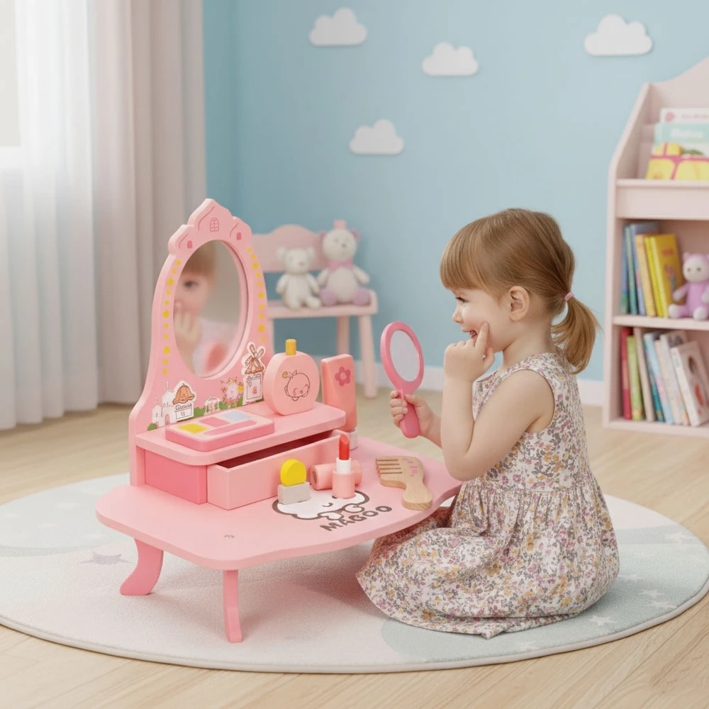 Medinis vaikiškas kosmetinis staliukas su veidrodžiu ir stalčiumi, 7 priedai, ECOTOYS