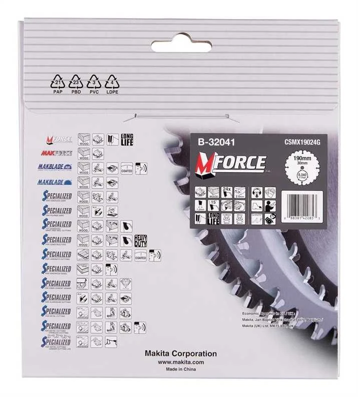 Makita T.C.T. pjūklas M-FORCE 190X2X30mm 15° T24 B-32041 T.C.T • 190 x30 mm • T24 • 15° • Medienai