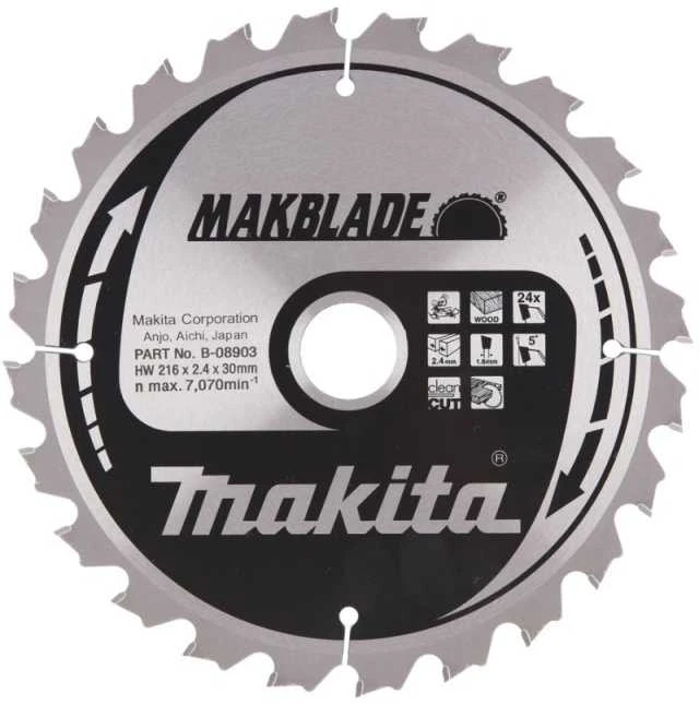 Makita T.C.T. pjūklas MAKBLADE 216X2.4X30mm 5° T24 B-08903 T.C.T • 216 x30 mm • T24 • 5° • Medienai