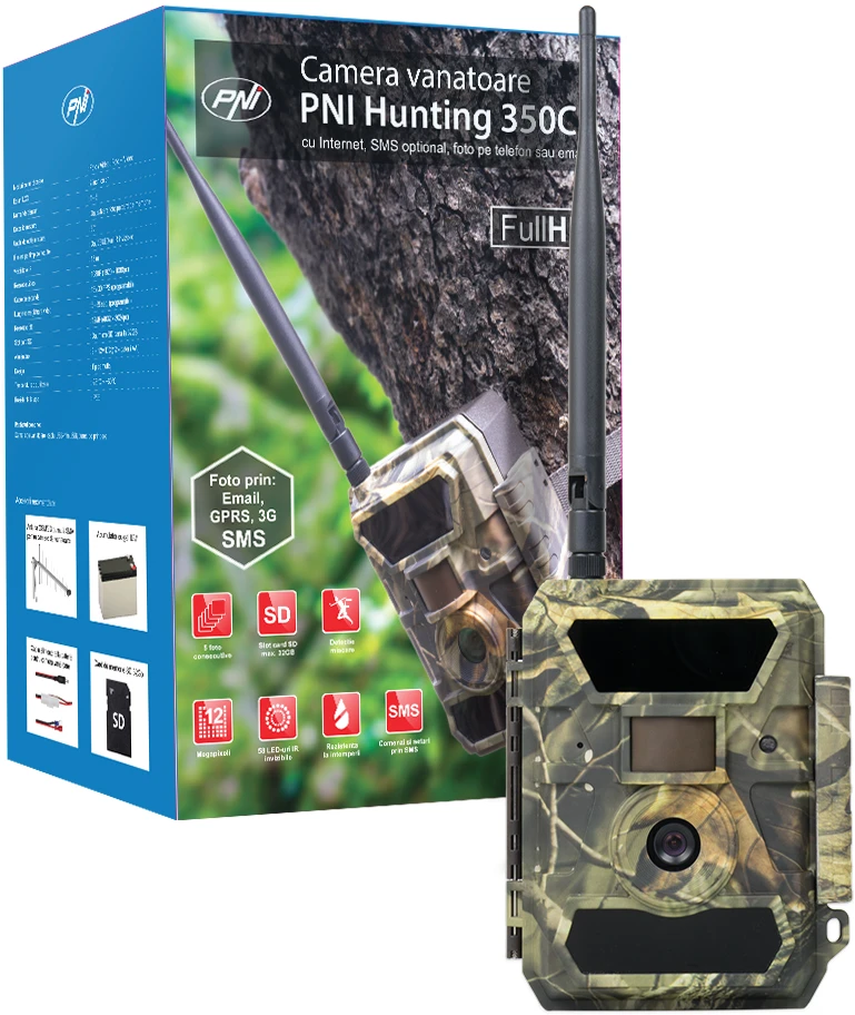 Medžioklės kamera PNI Hunting 350C 12MP su 3G internetu, SMS, nuotraukų siuntimu į telefoną, el. paštą, FTP, „Full HD“ 1080P, naktiniu matymu, 58 nematomais šviesos diodais gyvūnams