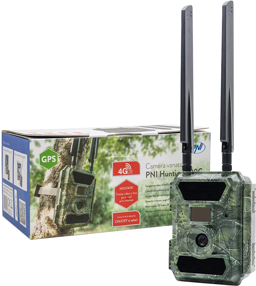 Medžioklės kamera PNI Hunting 400C 12MP su 4G LTE internetu, GPS, vaizdo ir nuotraukų siuntimu į telefoną, 4 el. pašto adresus, FTP, Full HD 1080P, naktiniu matymu, 57 nematomais šviesos diodais gyvūnams