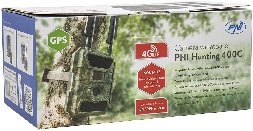 Medžioklės kamera PNI Hunting 400C 12MP su 4G LTE internetu, GPS, vaizdo ir nuotraukų siuntimu į telefoną, 4 el. pašto adresus, FTP, Full HD 1080P, naktiniu matymu, 57 nematomais šviesos diodais gyvūnams