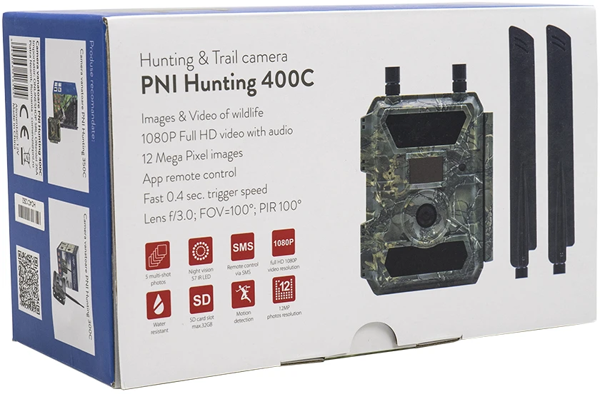 Medžioklės kamera PNI Hunting 400C 12MP su 4G LTE internetu, GPS, vaizdo ir nuotraukų siuntimu į telefoną, 4 el. pašto adresus, FTP, Full HD 1080P, naktiniu matymu, 57 nematomais šviesos diodais gyvūnams