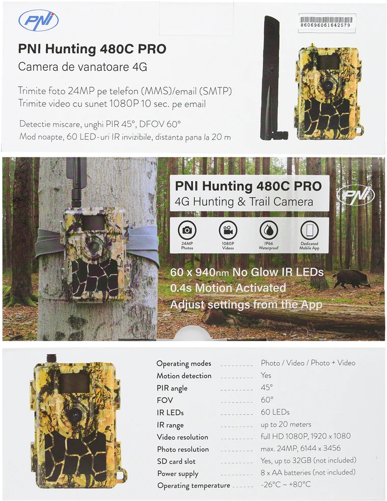 Medžioklės kamera PNI Hunting 480C PRO, 24MP, su 4G internetu, GPS, 60° matymo kampu