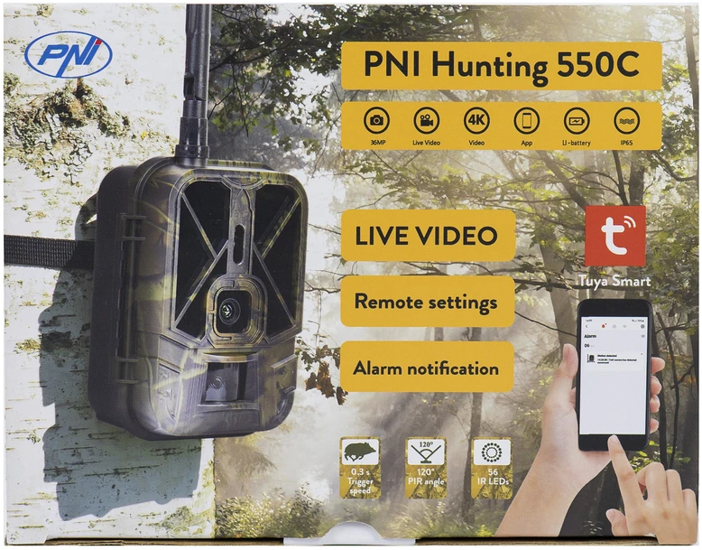 Medžioklės kamera PNI Hunting 550C Internet 4G LTE, tiesioginė prieiga ir pranešimai per „Tuya“ programėlę, įkraunama baterija 8000 mAh komplekte