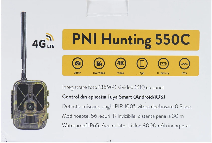 Medžioklės kamera PNI Hunting 550C Internet 4G LTE, tiesioginė prieiga ir pranešimai per „Tuya“ programėlę, įkraunama baterija 8000 mAh komplekte