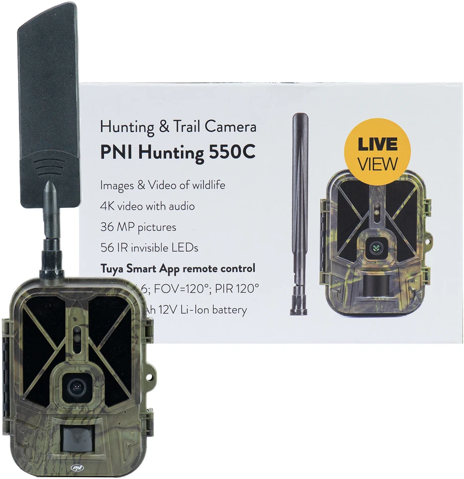 Medžioklės kamera PNI Hunting 550C Internet 4G LTE, tiesioginė prieiga ir pranešimai per „Tuya“ programėlę, įkraunama baterija 8000 mAh komplekte