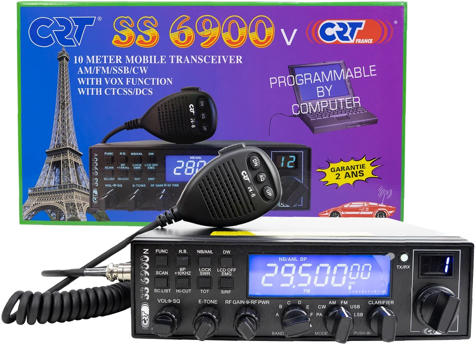 Mėgėjiška radijo stotis CRT SS 6900 VOX CB, AM, FM, USB, SSB, CW, PA, 28-29.7Mhz, ASQ, RF Gain, Roger Beep, 12V, programuojama