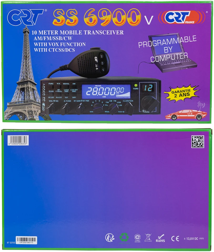 Mėgėjiška radijo stotis CRT SS 6900 VOX CB, AM, FM, USB, SSB, CW, PA, 28-29.7Mhz, ASQ, RF Gain, Roger Beep, 12V, programuojama