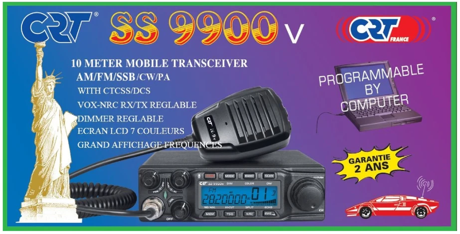 Mėgėjiška radijo stotis CRT SS 9900V AM, FM, LSB, USB, CW 28-29.7Mhz, ASQ, DTMF, Roger Beep, 12V, CTCSS, DCS, programuojama