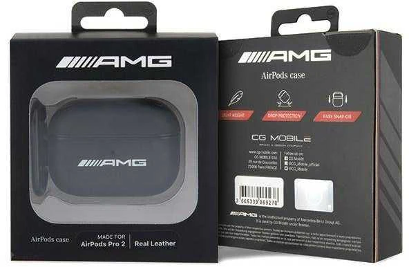 Mercedes AMG AMAP2SLWK AirPods Pro 2 (2022/2023) dėklas, juodos spalvos oda su balto logotipo detalėmis