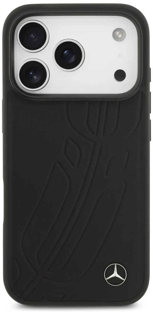 Original dėklas MERCEDES Leather Large Laurel Leave MagSafe skirtas Apple iPhone 17 Pro juodos spalvos